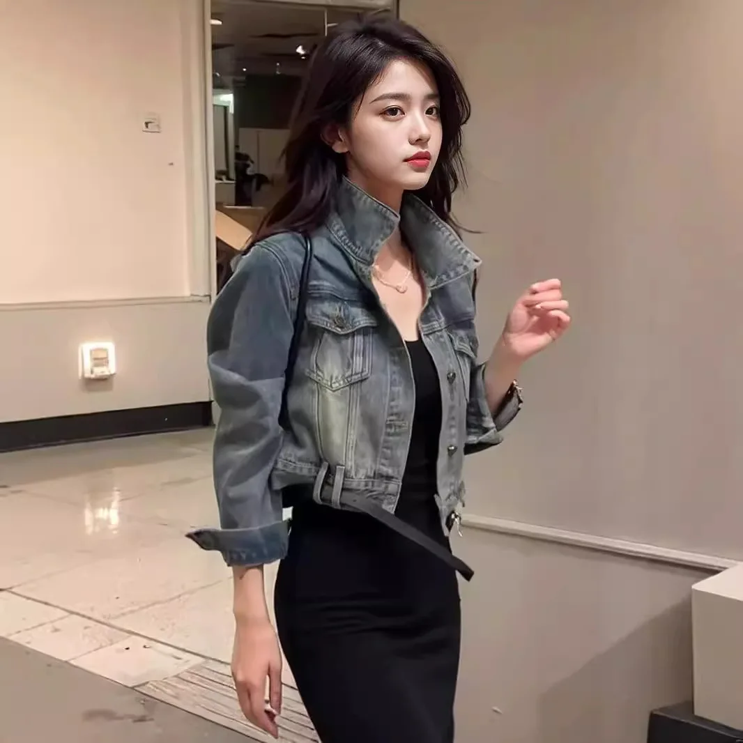 

Retro Waed Denim Jaet ort Versatile Women's Spring Autumn Faion Top Trendy Straight Cut Lightweight Flip Collar