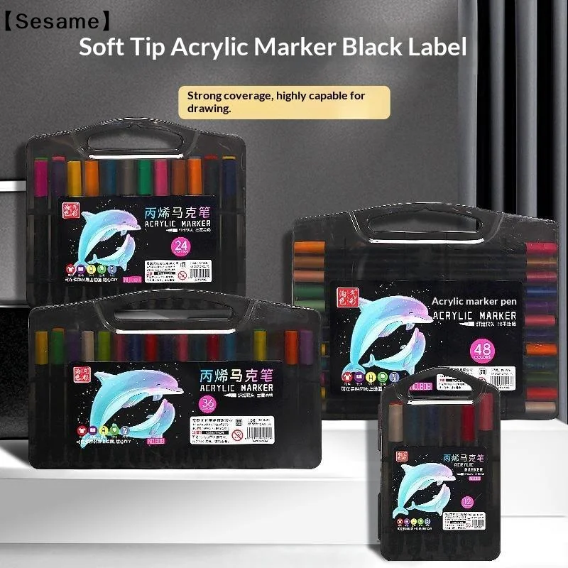 Acrylic Marker Pen Triangle Black Rod Soft Tip Layable Color Art Paint Pen For Kindergarten Student Hand Painting DIY Graffiti