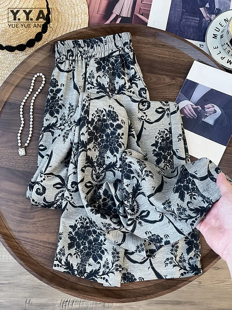 

Hot Sale Women Summer New Chinese Style Retro Printed Pants Loose Fit Elastic Waist Casual Long Trousers Floral Wide Legs Pant