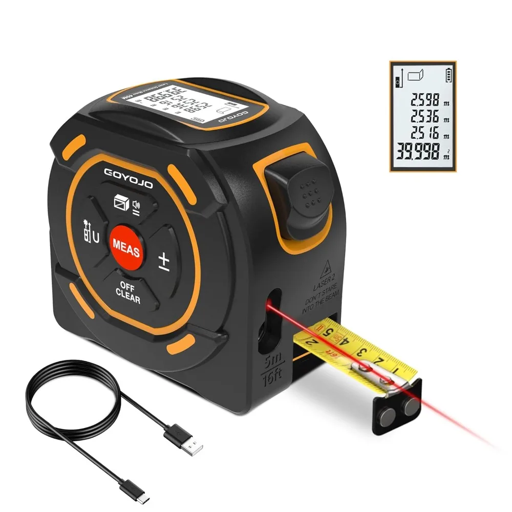 

Digital Laser Tape Measure, 131/197-ft & 16-ft 2-in-1, Type-C Charging, N/in/ft Units, Pythagorean, Area & Volume