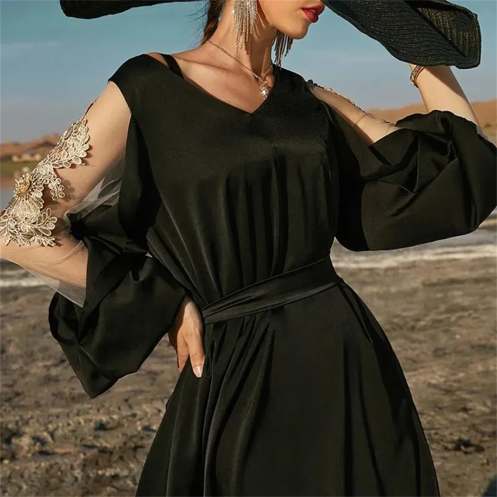 أسود مطرز المغرب حفلة عيد مبارك عباية نسائية فستان سهرة تركيا قفطان إسلام عربي دبي جلابية قفطان رداء #3