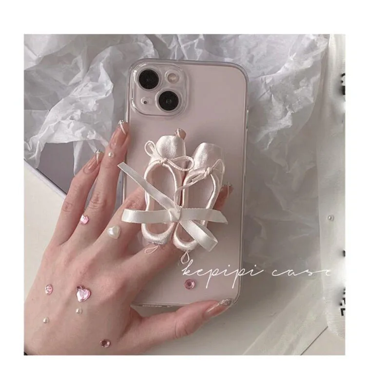 3D corea Ballet Shoes Ring Holder Stand custodia morbida trasparente per iphone 15 13 12 11 14 Pro MiNi XR X 6 7 8 Plus SE Cover