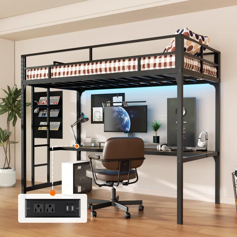 Metal Twin Loft Bed with Desk, Metal Loft Bed Frame with LED Lights and Charging Station, Safety Guardrail and Ladder