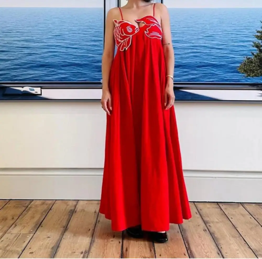 

Fashion Chinese Red Fish Shaped Bra Sling Dress Elegant Lady Beach Party Robes Women Sexy Sleeveless Backless Pleat Dresses