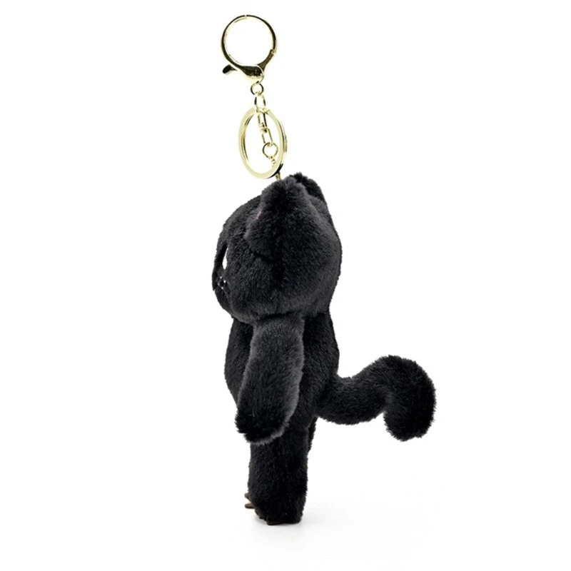 652F Speechless Cat Keychain Plush Mysterious Black Cat Doll Toy Keyring Bag Charm Backpack Decor Car Keys Holder for Couple