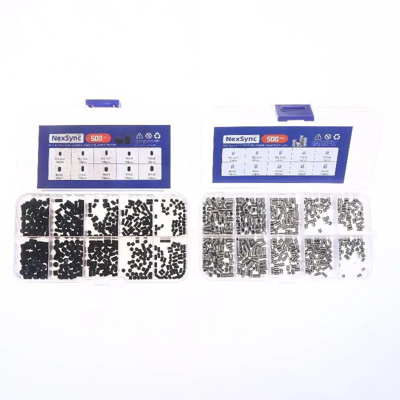 Hot Sale 500pcs M2.5 M3 M4 DIN913 304 Stainless Steel Black Hex Hexagon Socket Allen Flat Point Grub Bolt Set Screw Kit Box