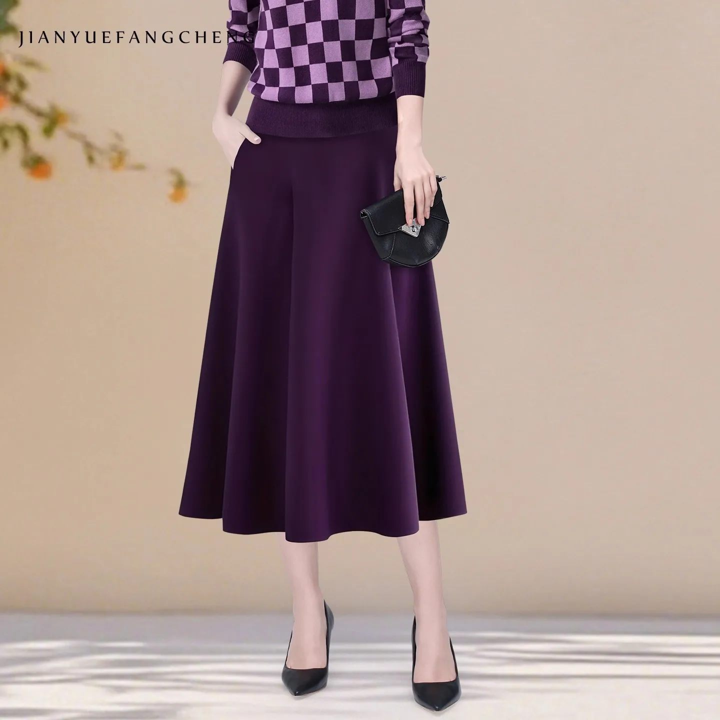 

Women' Fall Winter New Purple Wool-like Knit Skirt Elastic Waist A-Line Swing Skirts Elegant Flowing Mid-length Skirts