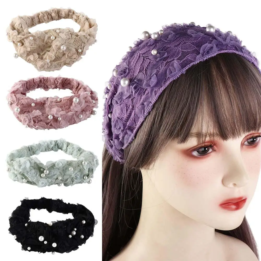 Vintage Lace Flower Pearl Hairbands Sweet Headband Temperament Wide Side Girl Women Mesh Non Slip Elegant Head Wrap Gift