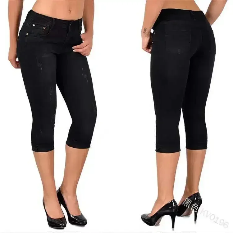 Summer Women Jeans Knee Length Pencil Pants Sheath High Waist Denim Slim Pockets Slight Strech Casual Spring 2026 Solid Color - Image 3