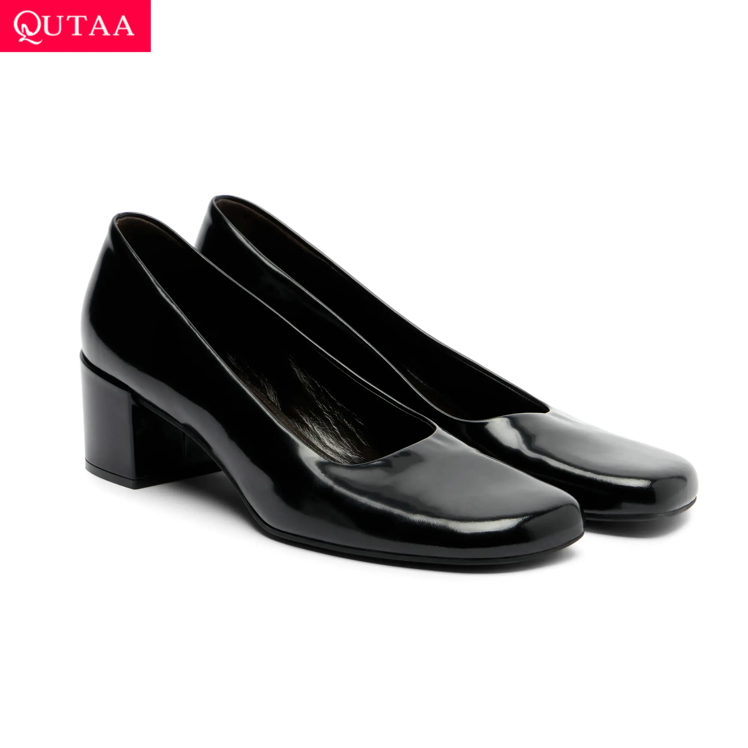 QUTAA New Fashion Women Pumps Shoes Spring High Heels Sexy Genuine Leather Slip-on Work Autumn Square Toe Shoe Party Dress 34-43