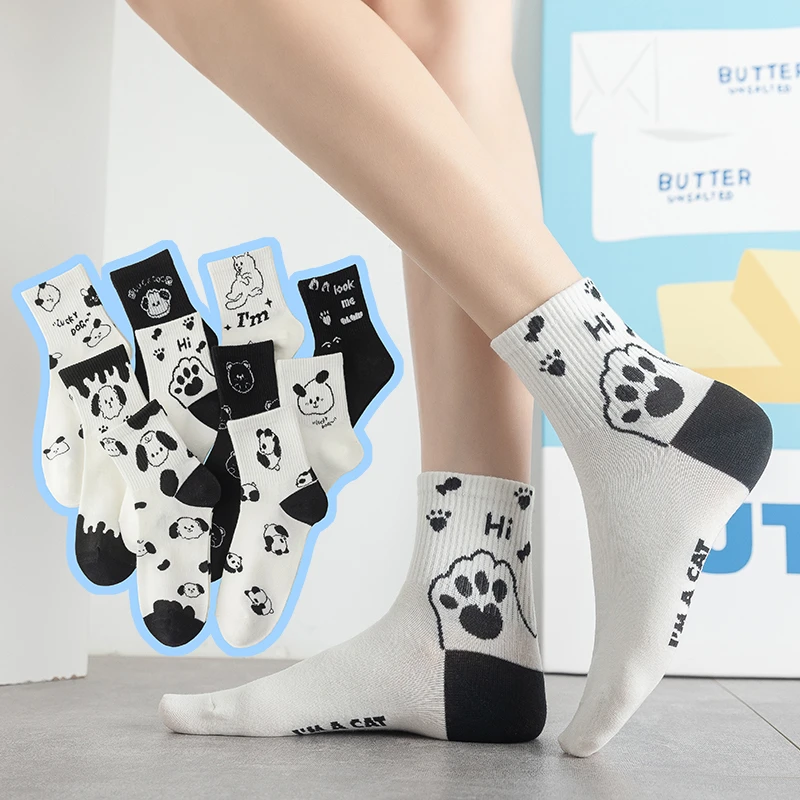 Kawaii Women Crew Socks Japanese Korean Style Cartoon Animal Cat Dog Panda Pattern Streetwear Black White Casual Female Socks