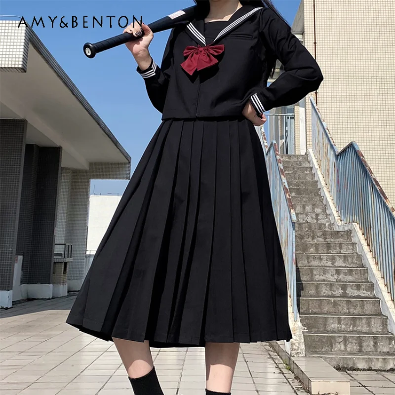 

2024 New Japanese JK Uniform Sailor Collar Basic Style Solid Color Black Long Short Sleeves Top Pleated Skirt Bow Suit For Girls