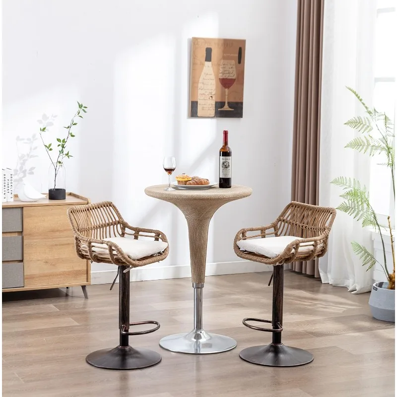 Rattan Bar Stools, Adjustable Barstools with Linen Cushion, 360° Swivel Bar Stool with Low Back & Footrest, Classical Barstool