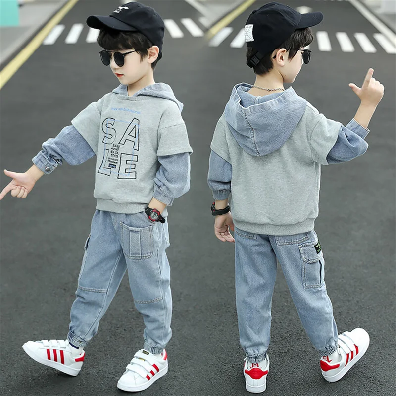 

Boys Suit Sweatshirts +Pants Cotton 2Pcs/Sets 2022 Grey Spring Autumn Thicken Kid Sportswear Teenagers Jogging Suit Children Clo