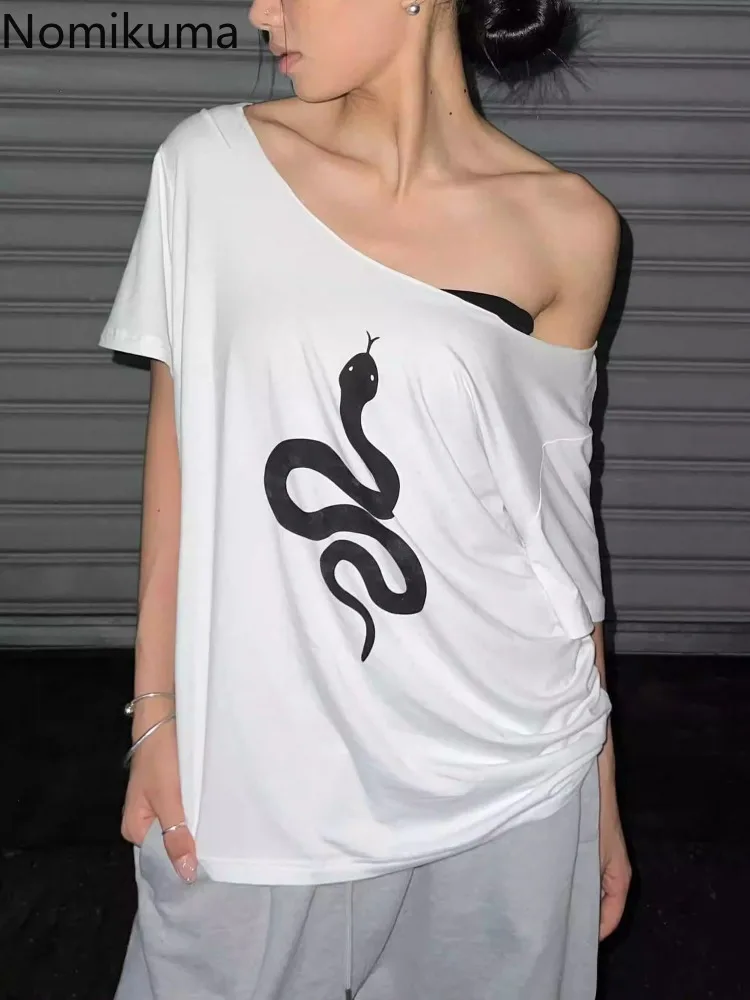 

Cotton Woman Tshirts 2025 Ropa Mujer Print Off Shoulder Sexy Tees White Y2k Tops Loose Camisetas Chic Summer T-shirts for Women