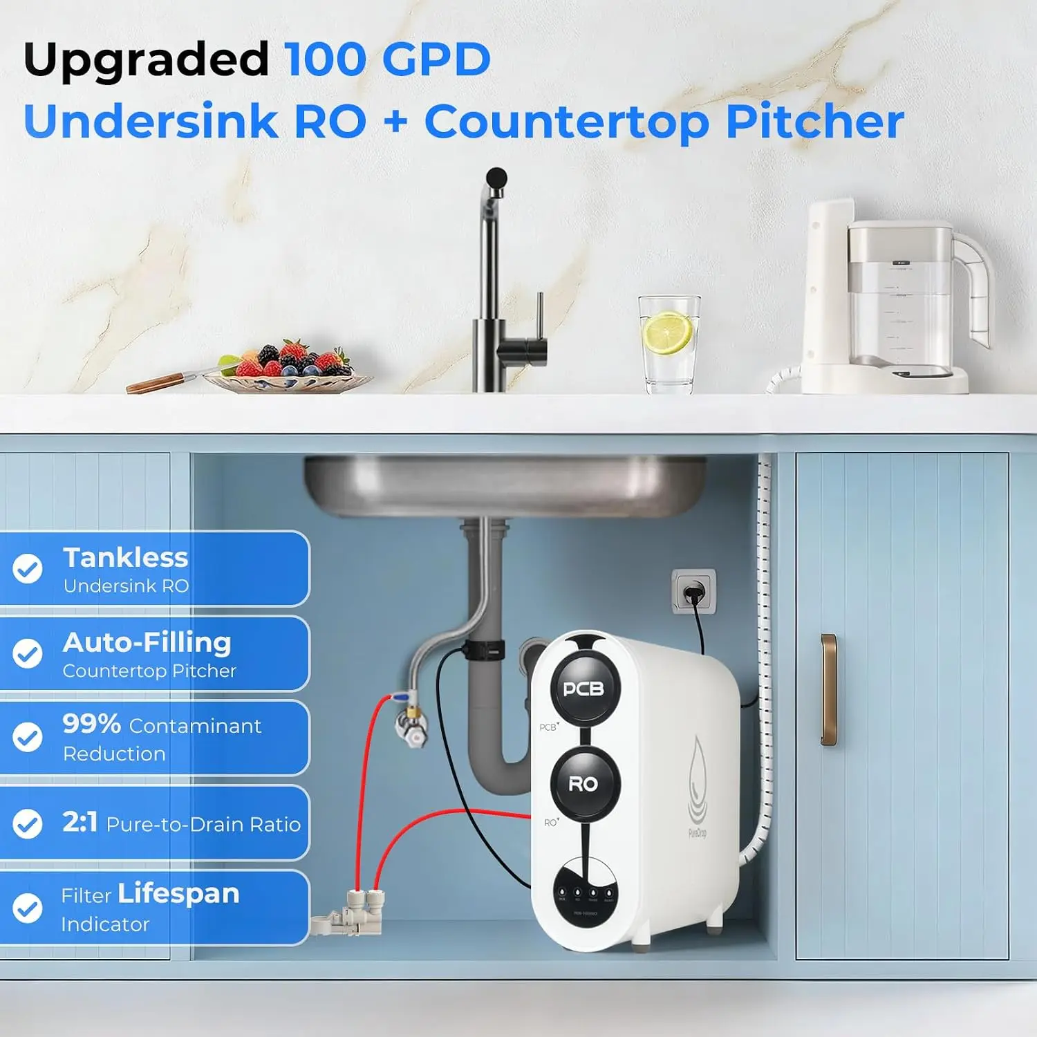 Tankless Under Sink RO System Auto Fill Pitcher Standard Cabinets 21 Pure To Drain LED Filter Life Indicator PP Carbon RO Filtra