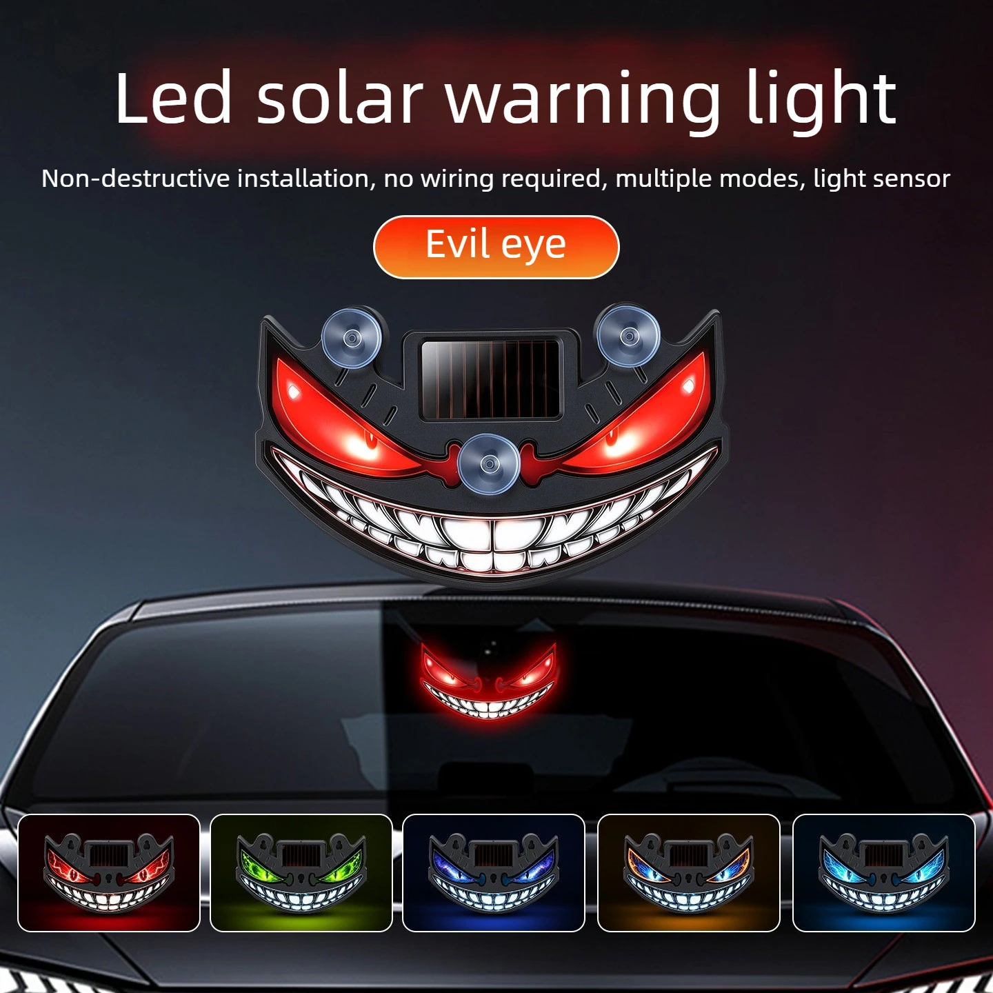 Solar Devil Eye Car LED Warning Light, Multi-Mode Dynamic Decorative Lamp Solar Powered Suction Cup Auto Rear Window Light With