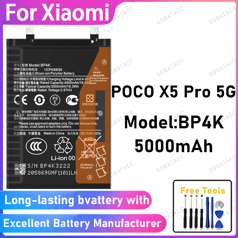 

100% New 5000mAh BP4K Battery For Xiaomi POCO X5 Pro 5G Battery Replacement Bateria+Free Tools