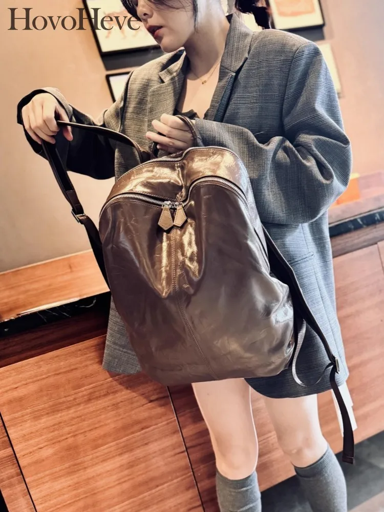 New Women Genuine Leather Backpack Solid Color High Street Casual School Bag Female Zip Fashion Large Capacity Travel Backpacks