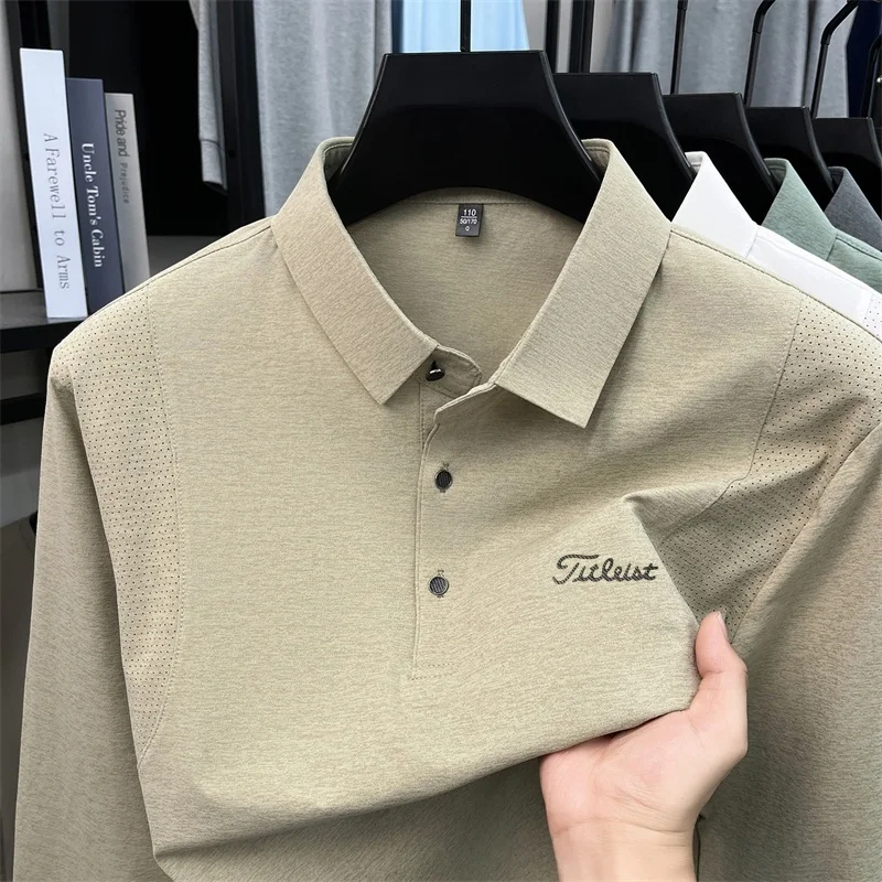 Frühling Herbst Trendiges Herren-Poloshirt mit Aufdruck, Einfarbiges Langarm-Lapel-T-Shirt, Bequeme Freizeitkleidung für Männer – Detail 11