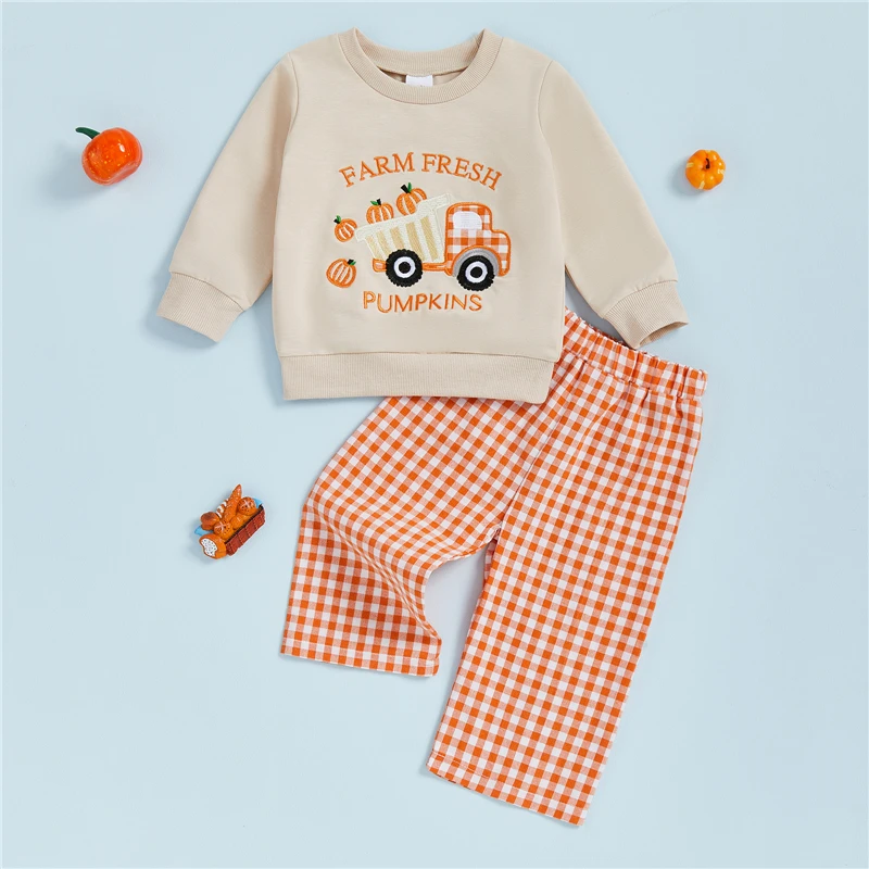 

Toddler Baby Girl Boy Thanksgiving Clothes Truck Pumpkin Embroidery Long Sleeve Sweatshirt Elastic Waist Plaid Pants 2Pcs Outfit