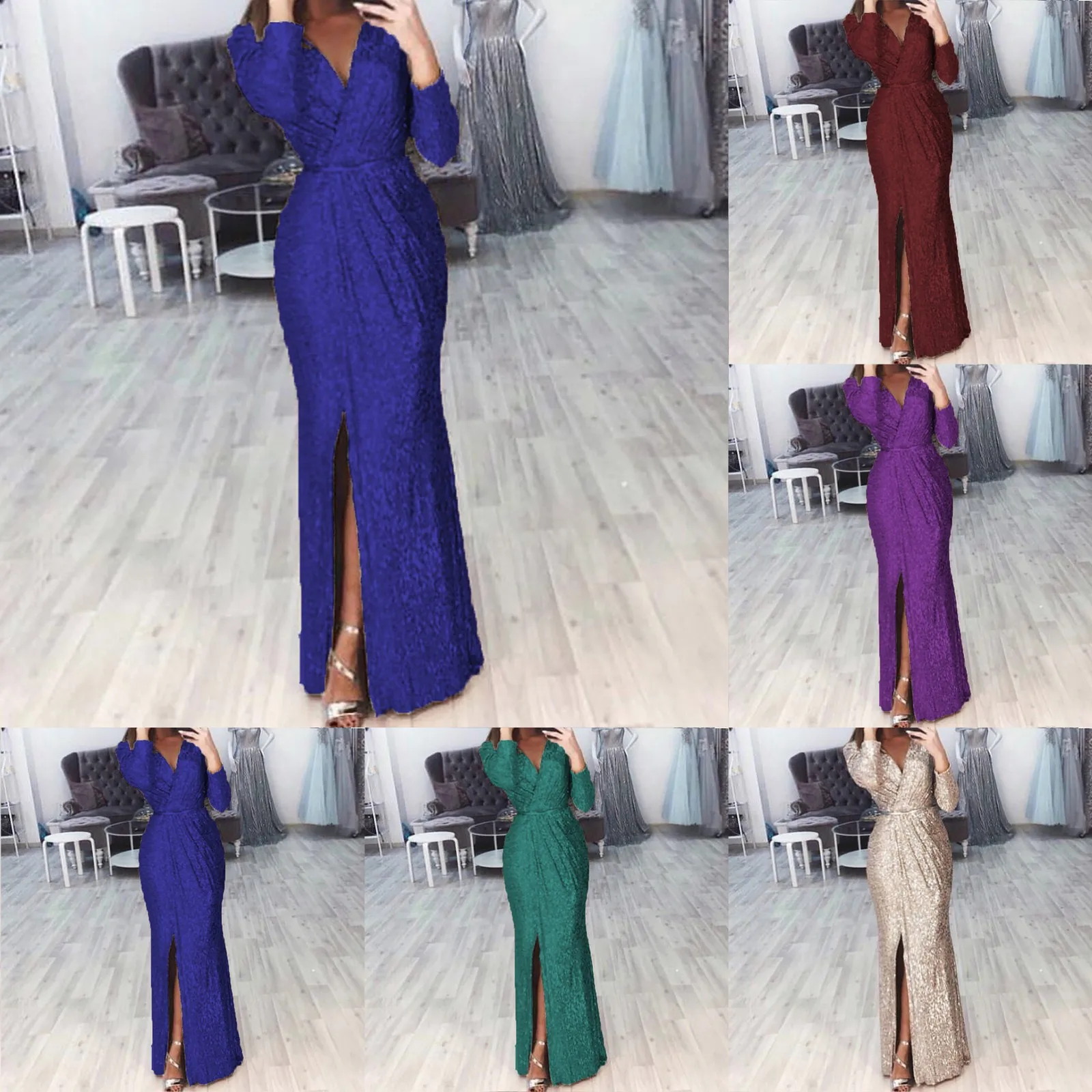 Elegant Women Party Long Dress V Neck Long Sleeve  Autumn Winter Fashion Sequin Waist Sexy High Split Casual Slim Maxi Dresses