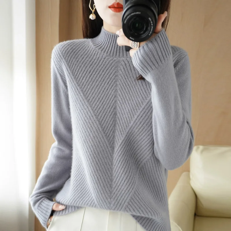 

2023 Autumn Winter Women Sweater Half High Cashmere Knitted Pullover Fashion Keep Warm Solid Color Tops T917