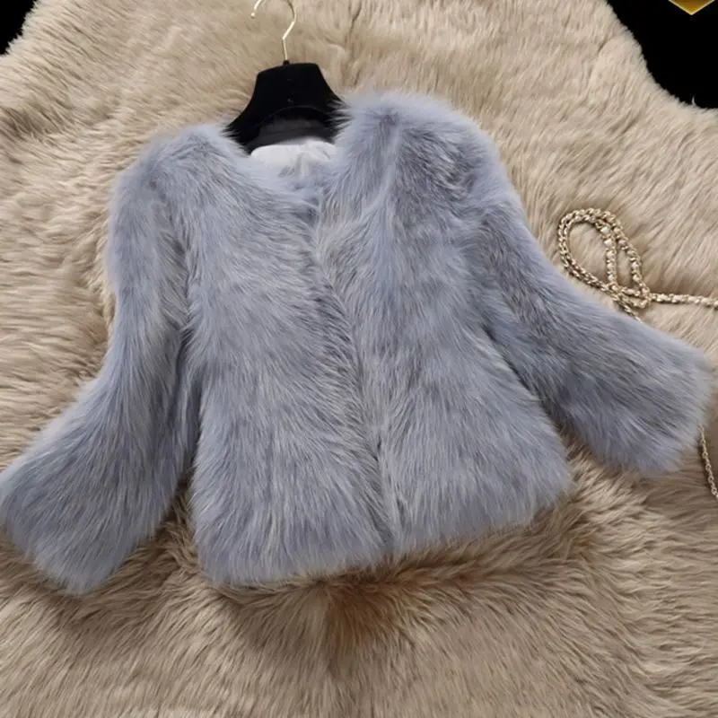 Cappotto di pelliccia sintetica sottile con scollo tondo in stile coreano Top corto da donna con maniche a tre quarti in pelliccia di volpe da donna