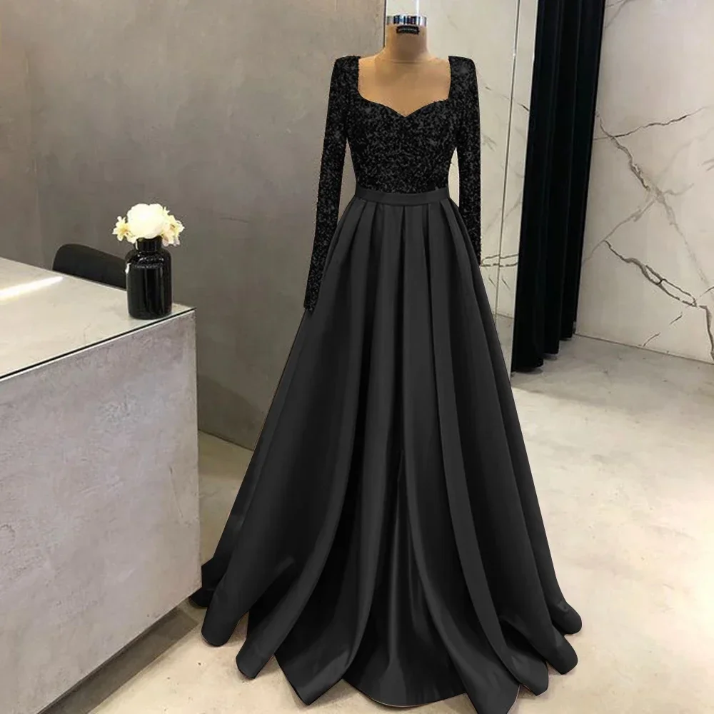 Graceful Sequines Evening Dresses Long Sleeves Ruched A-Line Women Formal Occasion Dress 2024 New Design Satin Vestidos De Novia