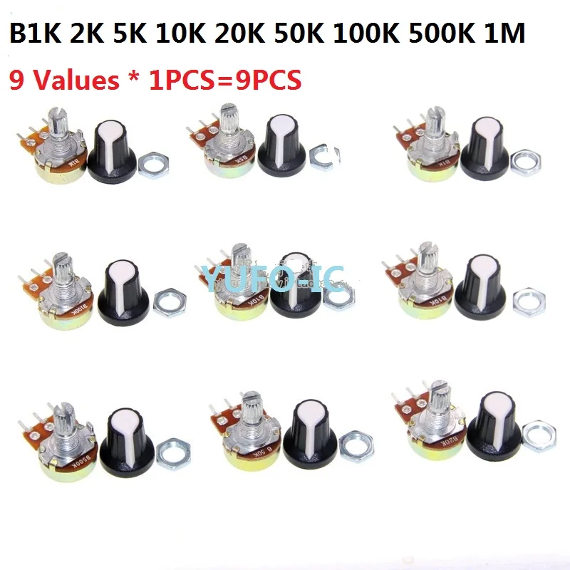9 Values * 1PCS=9PCS WTH148 B1K 2K 5K 10K 20K 50K 100K 500K 1M 15mm 3pin Potentiometer kit(with cap) Assorted Pack Set