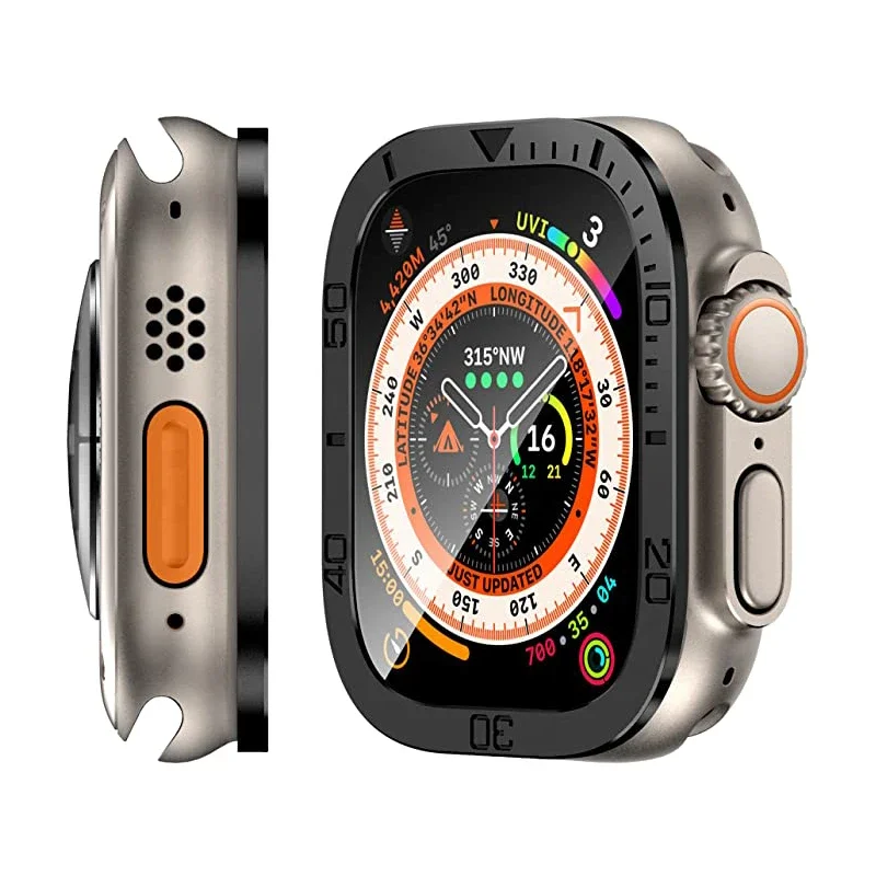 واقي شاشة لساعة أبل الترا 49 مللي متر ملحقات حافظة إطار غطاء معدني + زجاج مقسى لساعة iWatch Ultra 2 49 مللي متر حلقة الحافة