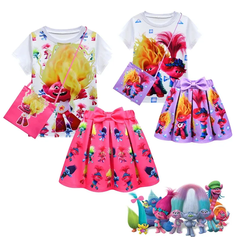 111 www Kids Halloween Queen Trollsing 3 Fantasy Dress Girls Clothes Sets Summer Cartoon Print T-Shirt+skirt Bag Short Sleeve To