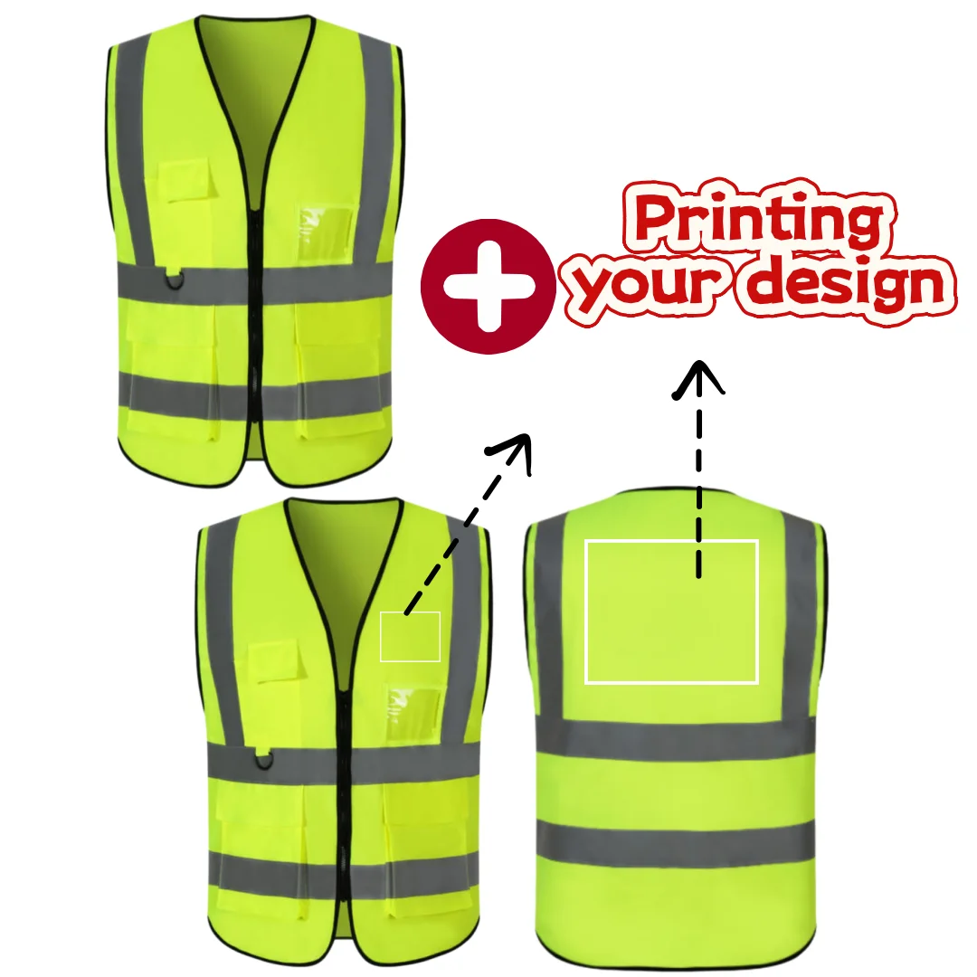 Printing LOGO Mesh Breathable Vest Work Hi Vi Uniform Pockets and Zipper Signal Workwear Construction Vest Luminous Tool Rider