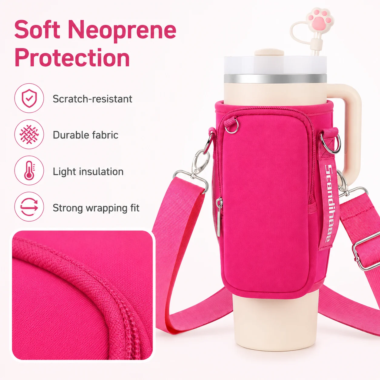 40oz Water Bottle Carrier Bag with Phone Pocket Adjustable Shoulder Strap Tumbler Holder Pouch for Stanley Cup Sleeve view 4