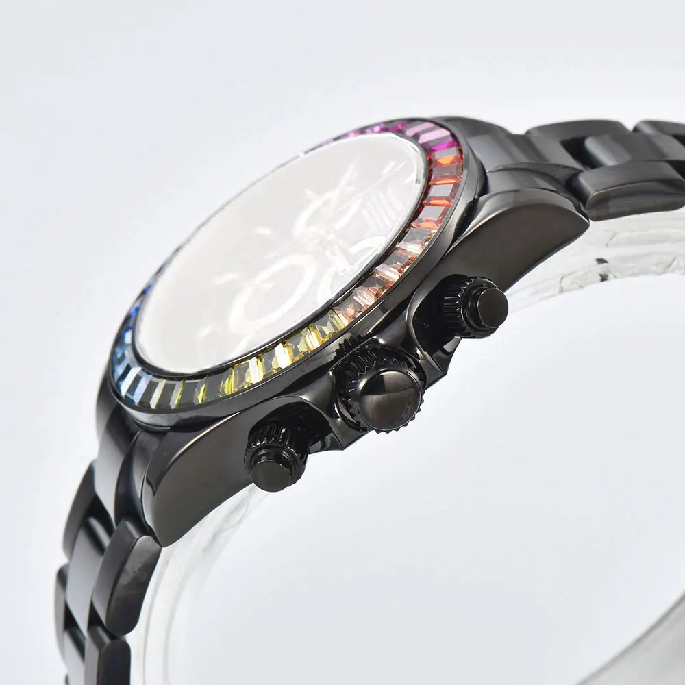 39mm relógio masculino de luxo 7750/4613d movimento mecânico automático cronógrafo moldura de pedra preciosa vidro safira relógio masculino preto