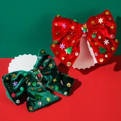 New Christmas Velvet Bow SpringClip, Hand Sewn With Stars, Snowflakes, Christmas Tree Glitter, Shiny and Sweet Party Hair Clip