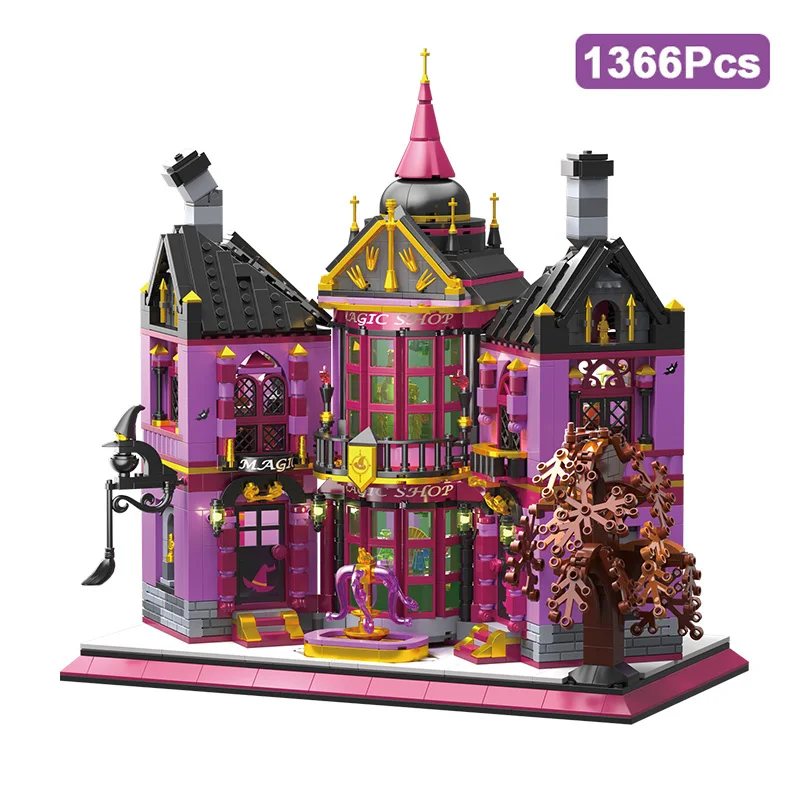 

Creative 1366Pcs Magic Shop Street View Model Building Blocks Architecture Purple House Moc Mini Bricks Toys Kids Halloween Gift