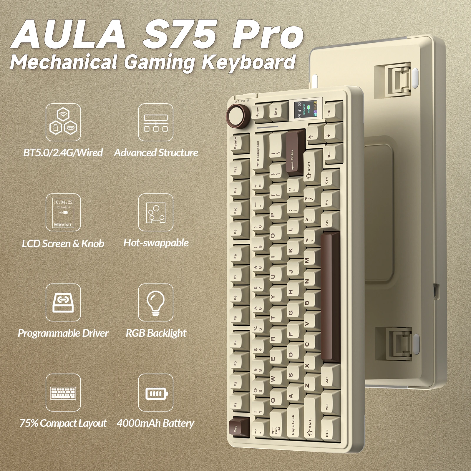 

Беспроводная клавиатура AULA S75pro, трехрежимная игровая клавиатура RGB, колпачки для клавиш из ПБТ с горячей заменой и программным обеспечением для макросов