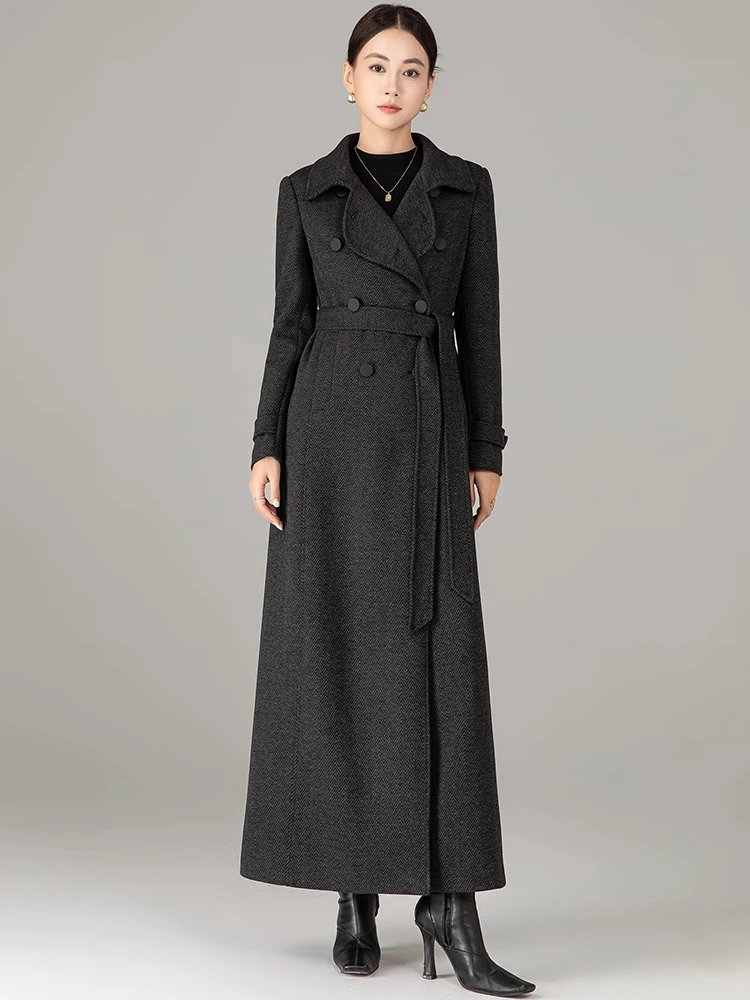 New Women Herringbone Woolen Coat Autumn Fashion Turn-down Collar Double Breasted Slim Long Coat Simplicity Wool Blended Coat
