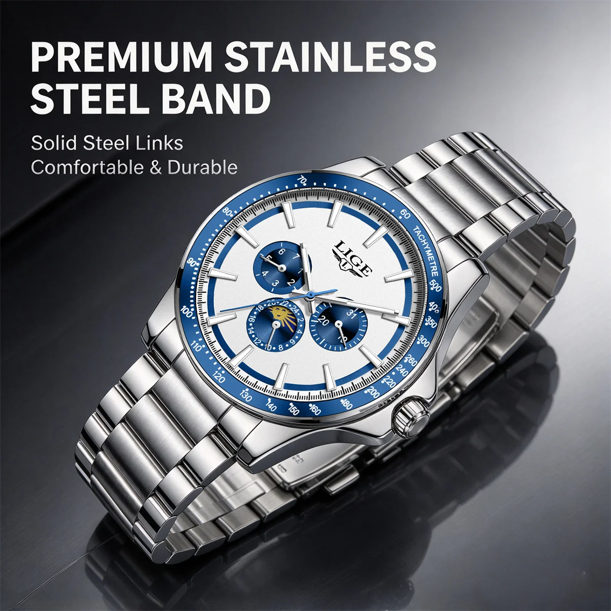 LIGE brand luxury watches mens Luminous Calendar Moon phase Waterproof Business quartz Stainless mens wristwatch reloj hommes