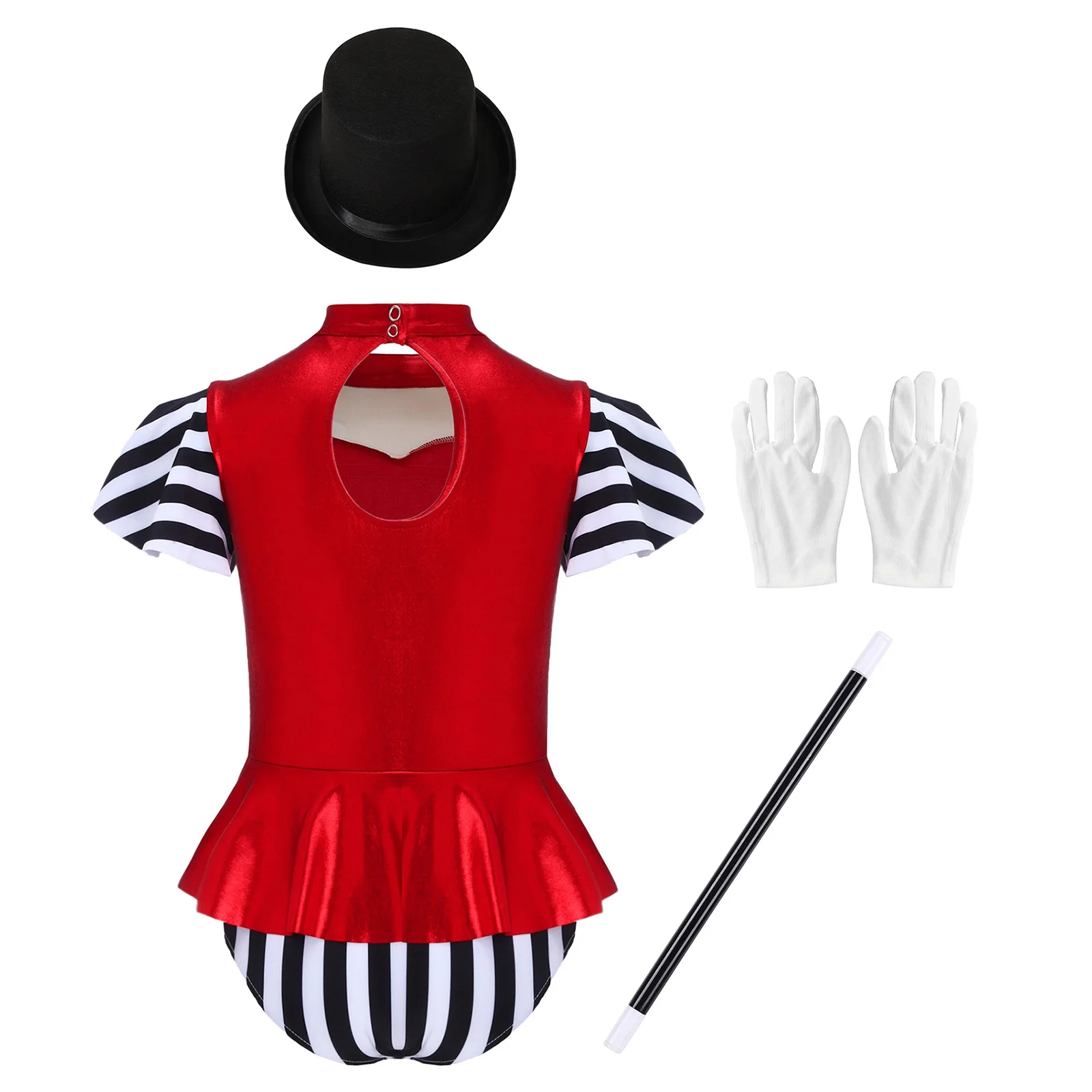 الفتيات 4 قطعة زي السيرك Ringmaster لمعان معدني المرقعة وهمية الرقبة قصيرة الأكمام بذلة وقفازات قبعة المتطابقة عصا سحرية