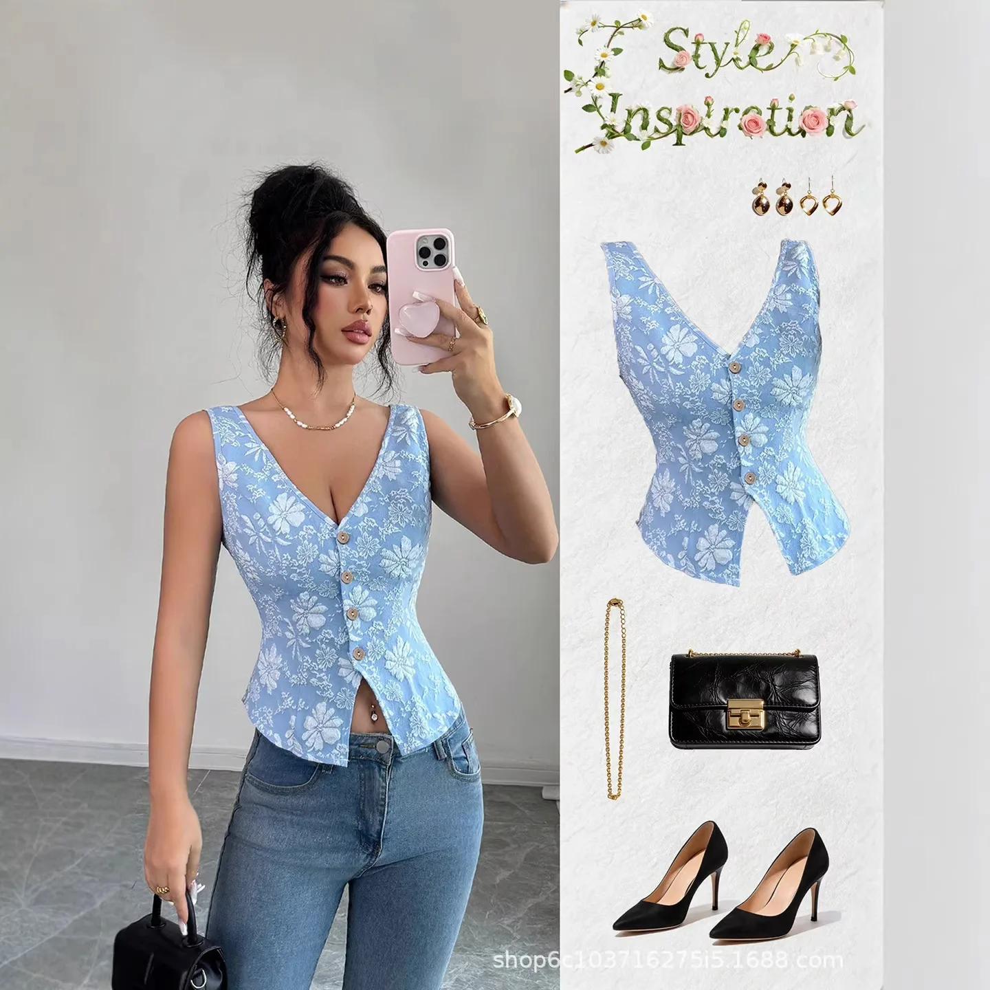 Cross-border Women's Clothing 2026 Summer New Product V-neck Sleeveless Waist-cinching Floral Slim-fit Hot Girl Floral Jacquard