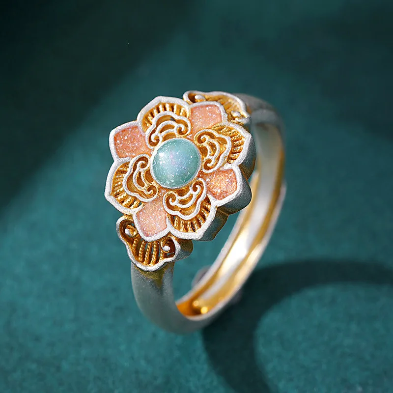 New handmade drip enamel treasure flower ring for women, new Chinese style Chinese style food ring jewelry