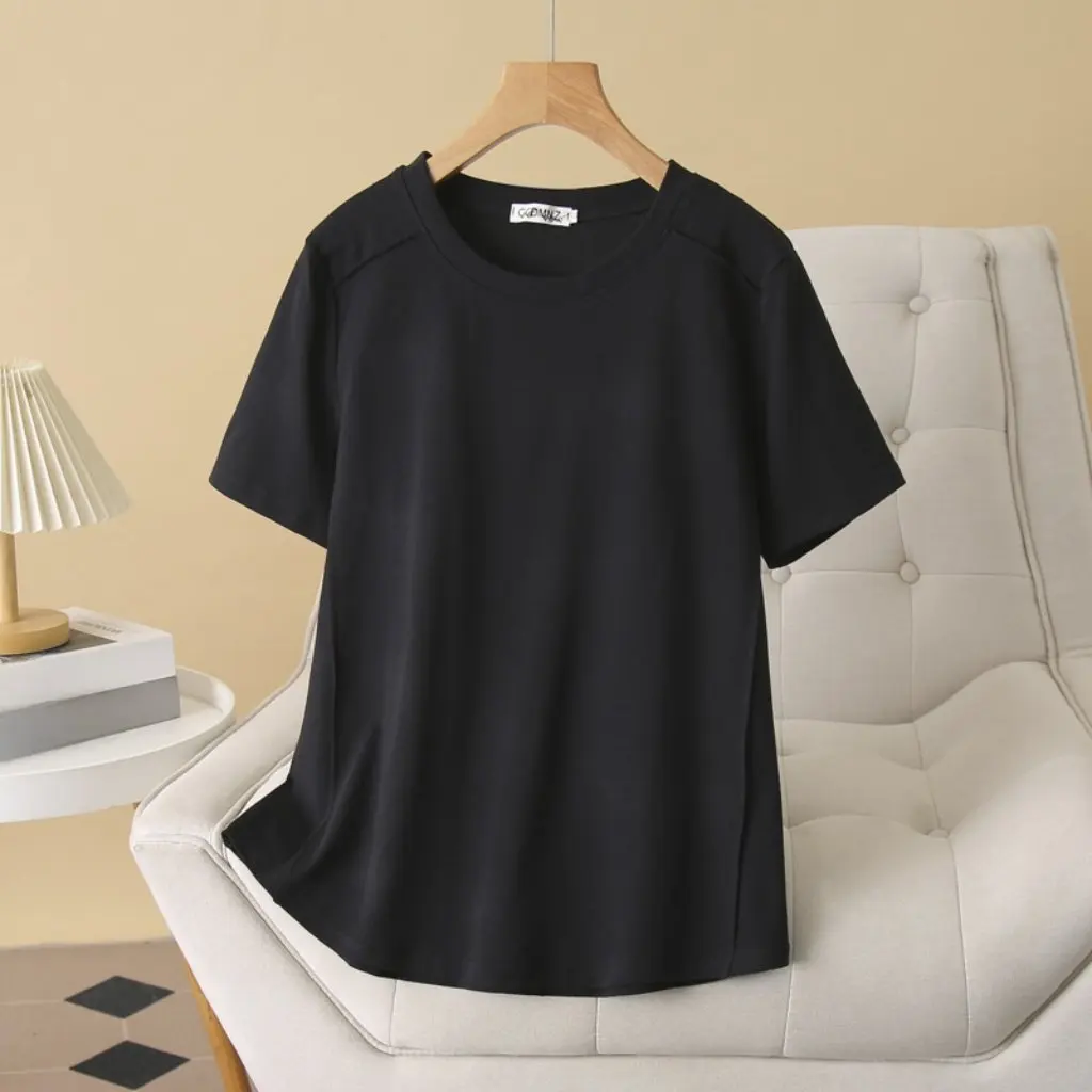プラスサイズの女性の Tシャツ夏シンプルな半袖クルーネックプリーツストレッチトップ無地オールマッチインナーウェア 023