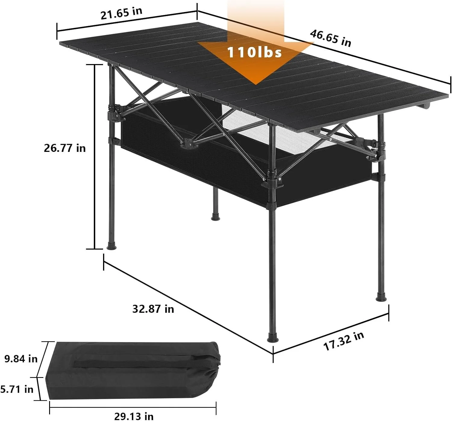 Camping Table, Portable Aluminum Roll-up Picnic Backpacking Table with Mesh Storage Bag, 46.5” x 26.8” x 21.7”, Black