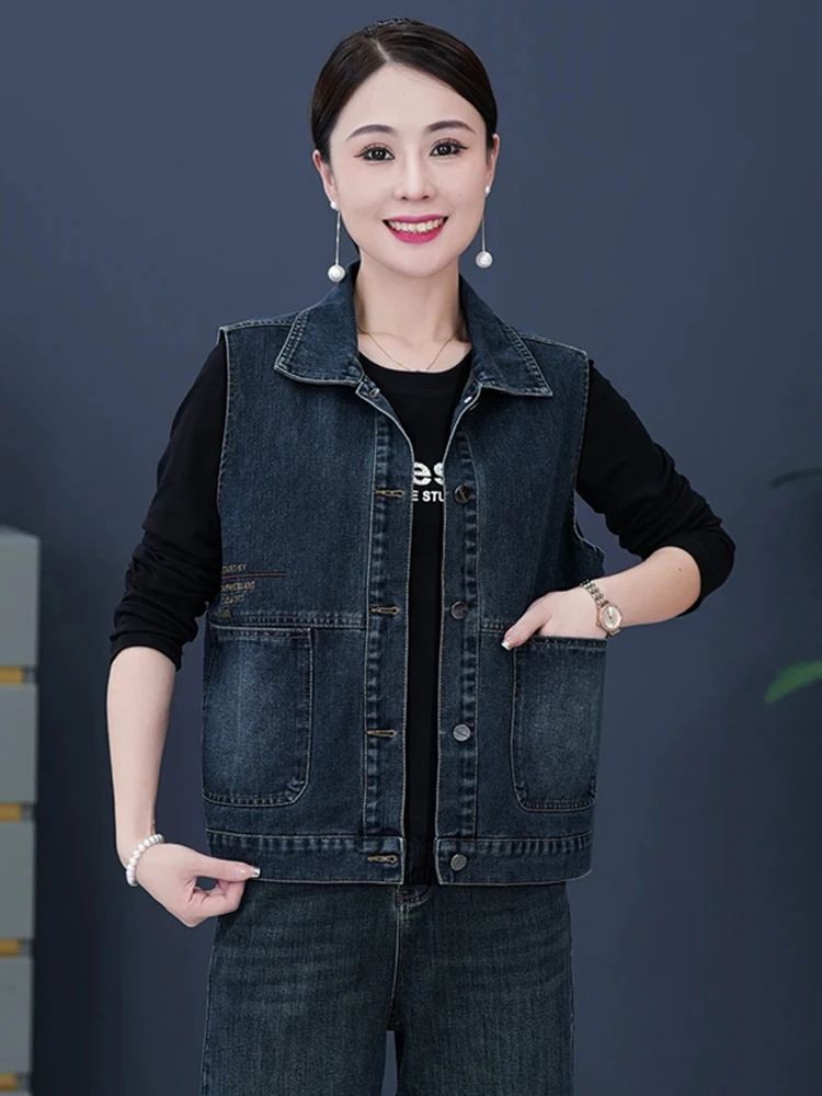 

Моющийся джинсовый жилет, верхняя одежда, женский корейский топ для похудения, однотонный воротник на одной пуговице, обычный Le...