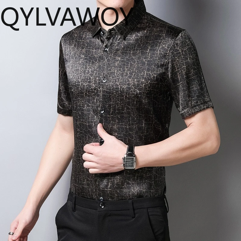 QYLVAWOY 92.4% Mulberry Silk Men's Shirts Ironless Shirts for Man Anti-wrinkle Short Sleeve Tops Man Clothing Business Casual