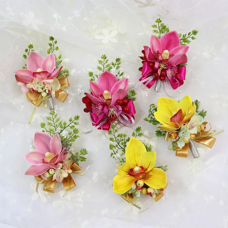 Gold Boutonnieres Flowers Artificial Cymbidium Silk Corsage Rose Buttonhole Groomsmen Boutonniere for Men Wedding Accessories