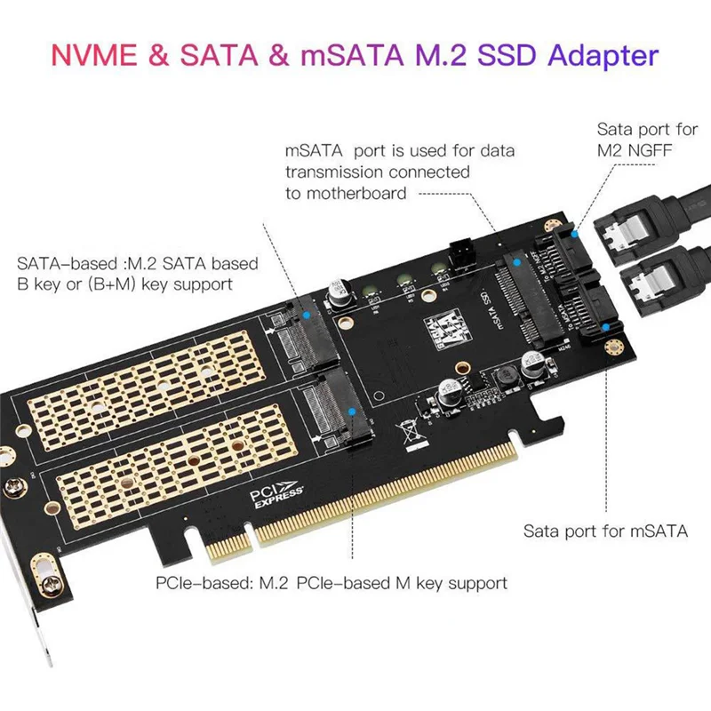 M.2 NVMe SSD NGFF إلى PCIE X16 محول ، مفتاح M B ، MSATA PCI توسيع SATA ، رافع محول 3 في 1 ، أسود