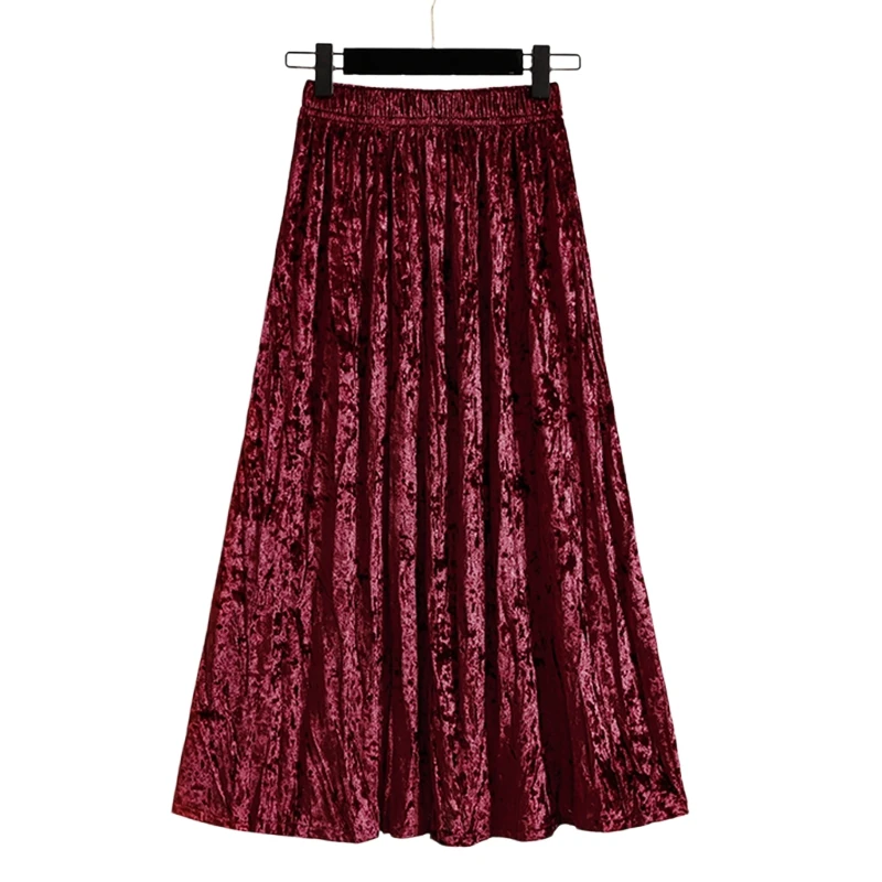 AutumnWinter Women Pleated Velvet Skirt Casual Solid Color Elastic High Waist A-line Evening Party Midi Long Skirt